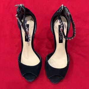 Nina Black Peep-Toe Heels with Rhinestone Ankle Strap